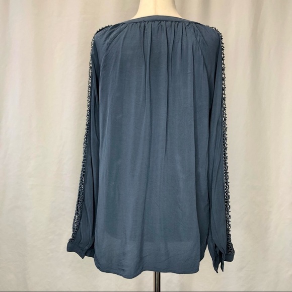 LOFT rayon Henley blouse with open lace panels on front and sleeves slate XS - Picture 8 of 8